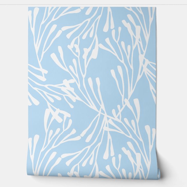 Minimal Coastal Coral Silhouette Cornflower Blue Wallpaper (Unrolling)