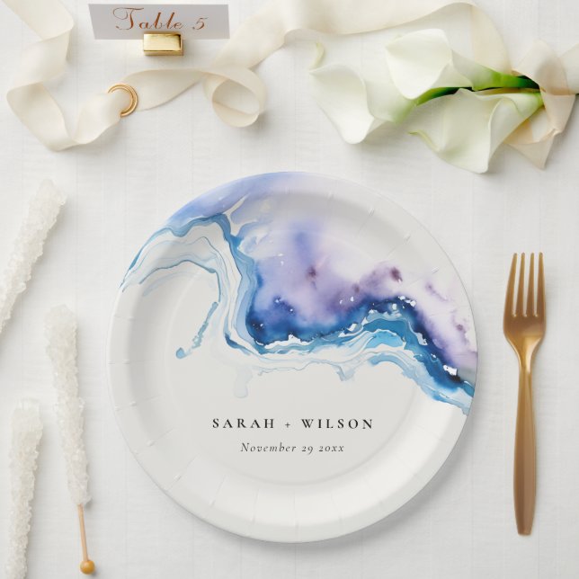 Minimal Coastal Sea Beach Watercolor Wedding Paper Plate (Wedding)