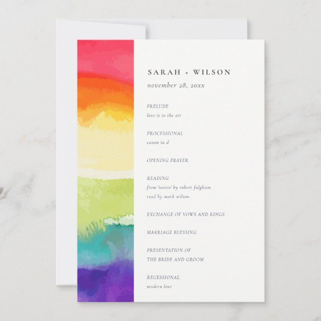 Minimal Colourful Pride Rainbow Wedding Program Invitation (Front)