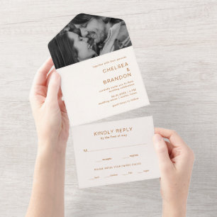 Minimal Copper Monogram Photo Modern Wedding All In One Invitation