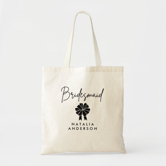 Minimal Coquette Black Bow Script Bridesmaid  Tote Bag (Front)