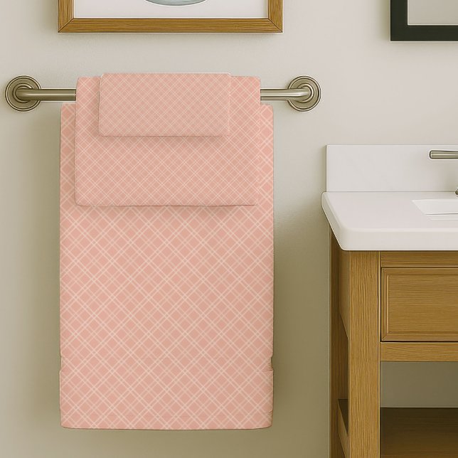 Minimal Coral Plaid Towels Modern Bathroom Touch (Minimal Coral Grey Towels Modern Bathroom Touch)