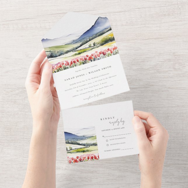 Minimal Country Spring Floral Landscape Wedding In All In One Invitation (Tearaway)