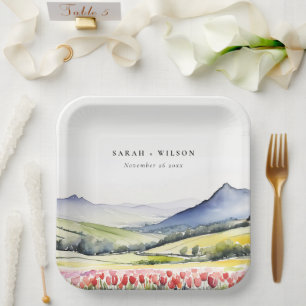 Minimal Country Spring Floral Landscape Wedding Paper Plate