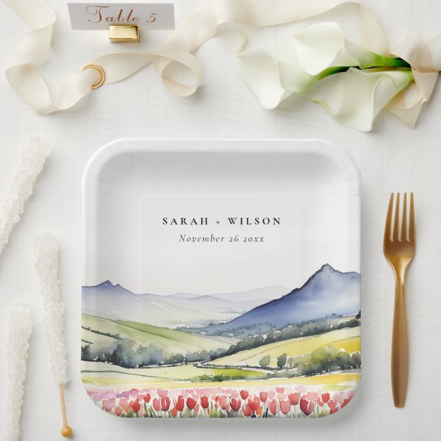 Minimal Country Spring Floral Landscape Wedding Paper Plate (Wedding)