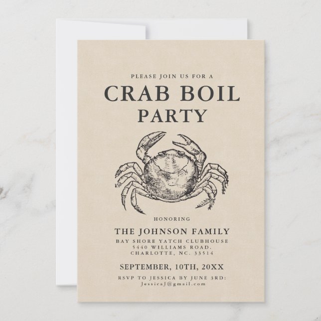 Minimal Crab Boil Vintage Style Crab Invite (Front)