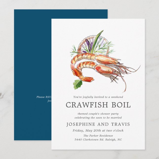 Minimal Crawfish Boil Couple's Shower Ocean Blue Invitation (Front/Back)