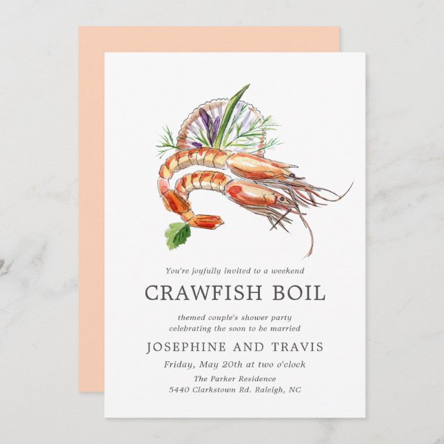 Minimal Crawfish Boil Couple's Shower Peach Coral Invitation (Front/Back)