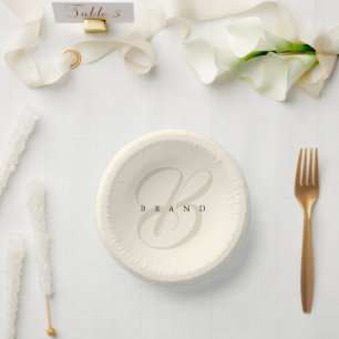 Minimal Cream Beige Elegant Monogram Company Paper Plate