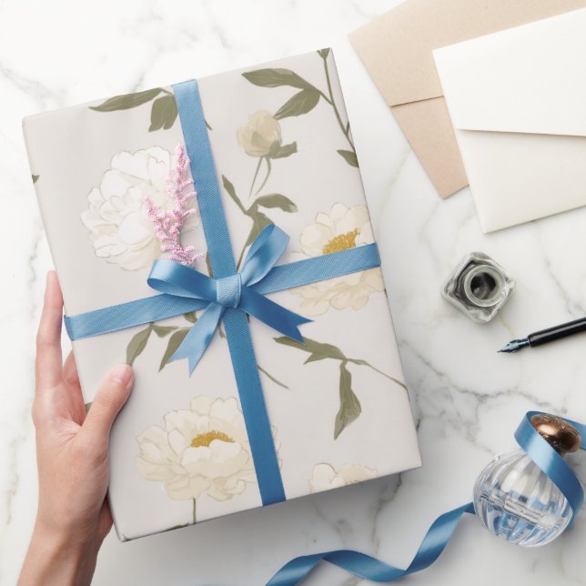Minimal Cream Peony White Floral Pattern Wrapping Paper (Gifting)