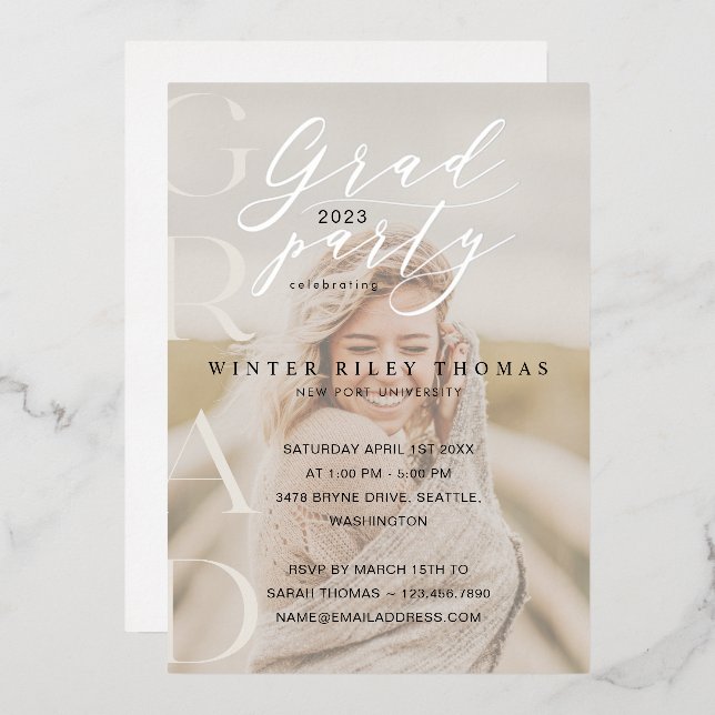 Minimal Cream Photo Grad Party Modern Calligraphy (Front/Back)