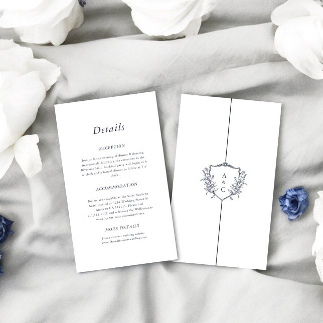  Minimal crested simple wedding Details Enclosure  (white with navy text stylish causual wedding stationary , tie the knot in style )
