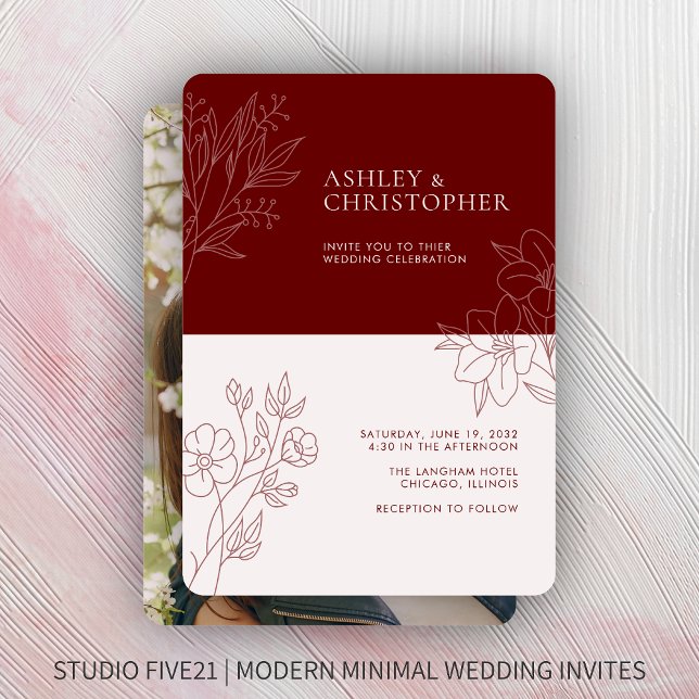 Minimal Crimson Red Foliage Outline Photo Wedding Invitation (Creator Uploaded)