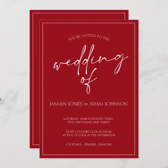 Minimal Crimson Red Script Wedding Invitation (Front/Back)