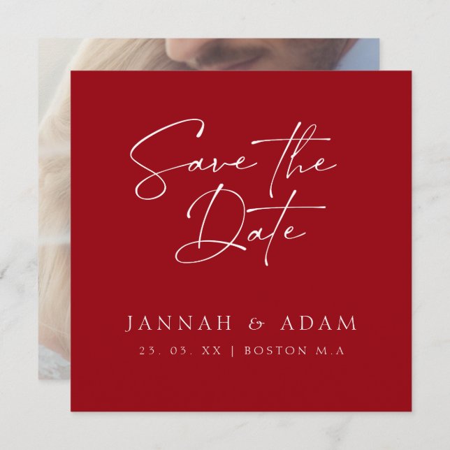 Minimal Crimson Red Typography Photo Wedding Save The Date (Front/Back)