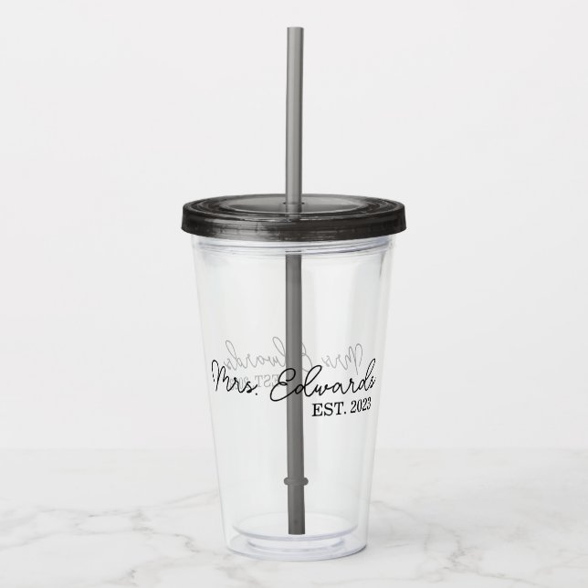 Minimal Cursive Mrs. Custom Last Name Wedding Gift Acrylic Tumbler (Front)