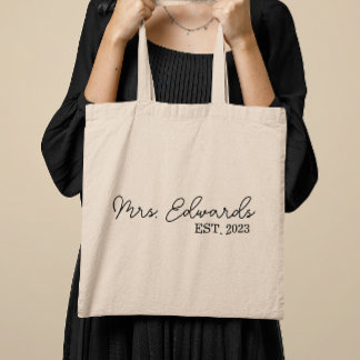 Minimal Cursive Mrs. Custom Last Name Wedding Gift Tote Bag