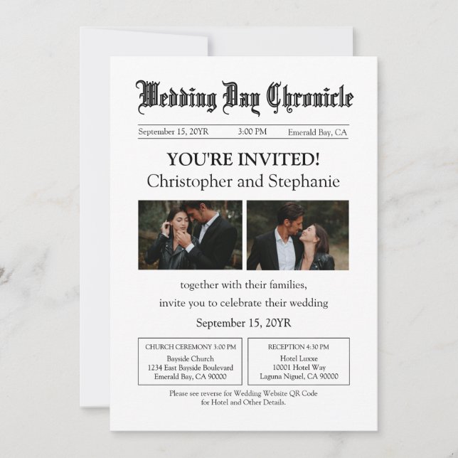 Minimal Custom 2 Photo QR Code Newspaper Wedding Invitation (Front)