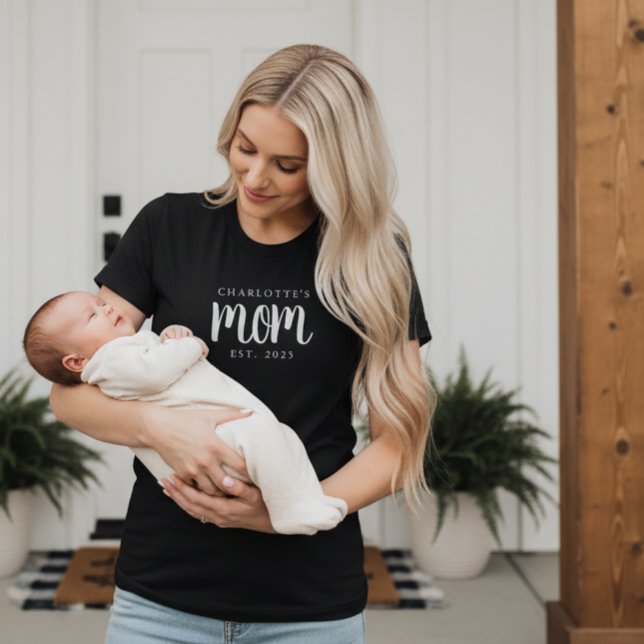 Minimal Custom Child Name New Mum Established Date T-Shirt (minimal black and white custom childs name mom established tshirt gift for new moms mother's day)