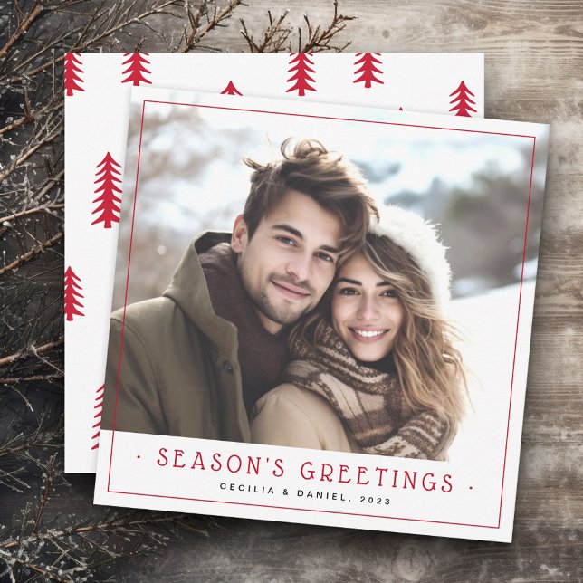 Minimal cute Christmas trees photo red white Holiday Card (Minimal cute Christmas trees photo red white Holiday Card)