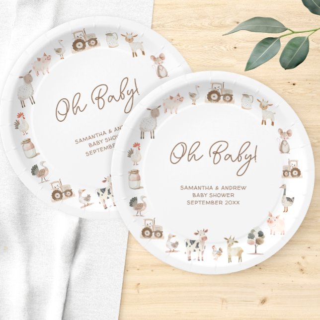 Minimal Cute Farm Animals Barnyard Baby Shower Paper Plate (Creator Uploaded)