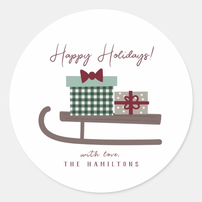 Minimal Cute Happy Holidays Sleigh Classic Round Sticker (Front)