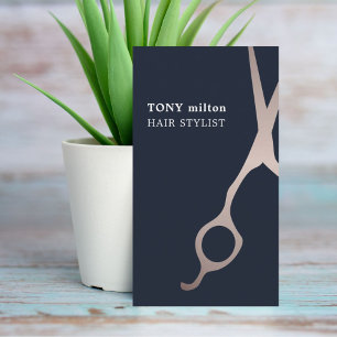 Minimal Dark Blue Faux Metal Scissors hair Busines Business Card