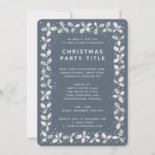 Minimal Dark Blue Grey Holly Christmas Party Invitation