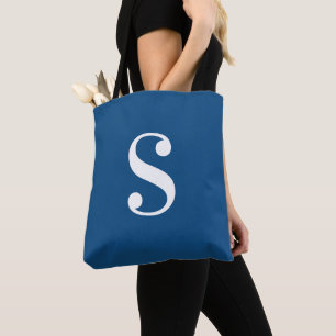 Minimal Dark Blue with Large White Monogram Tote Bag