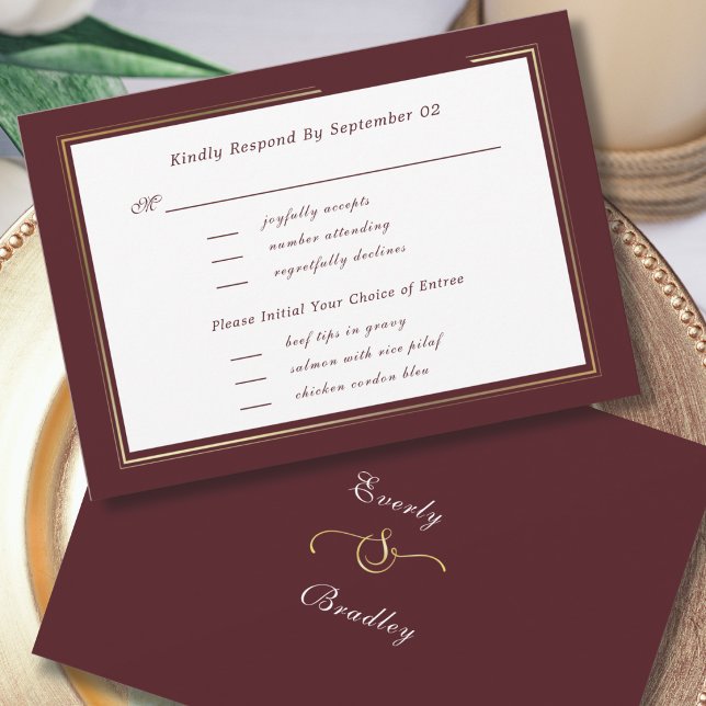 Minimal Dark Burgundy Gold Menu Selection RSVP  (Creator Uploaded)