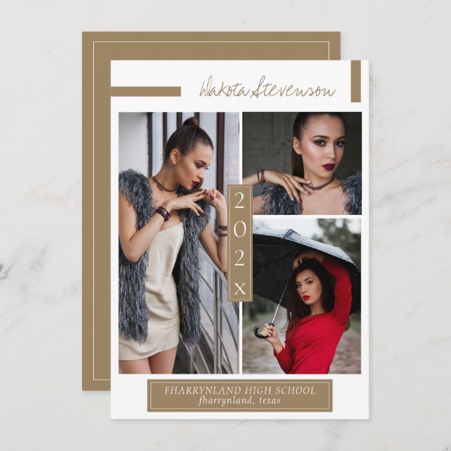 Minimal Dark Gold and White Graduation Photo Invitation (Front/Back)