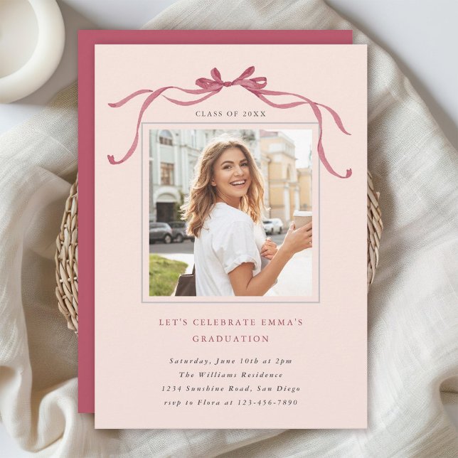 Minimal Deep Blush Bow Graduation Party Photo Pink Invitation (Creator Uploaded)