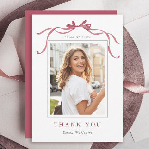 Minimal Deep Blush Bow Graduation Photo Thank You Card