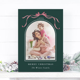Minimal Deep Blush Pink Bow Christmas Photo Green Holiday Card