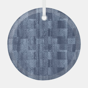 Minimal Denim Abstract Memphis Patchwork Glass Tree Decoration
