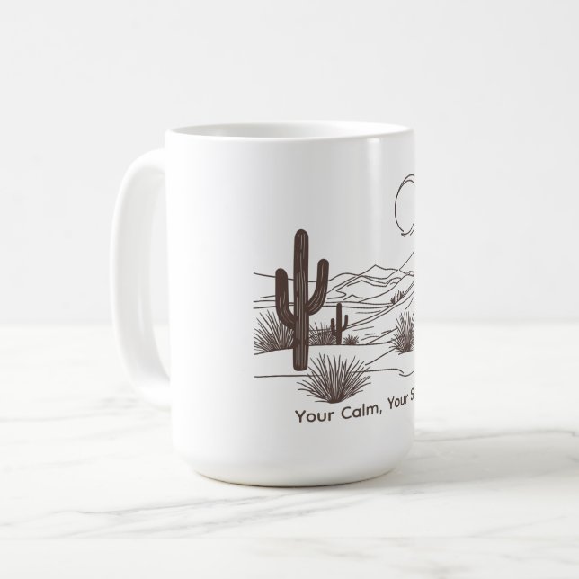Minimal Desert Line Art – Modern Boho Cactus Lands Coffee Mug (Front Left)