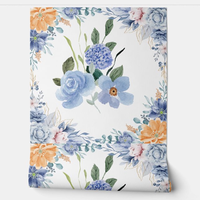 Minimal Desing Blue Colour Floral Wallpaper (Unrolling)