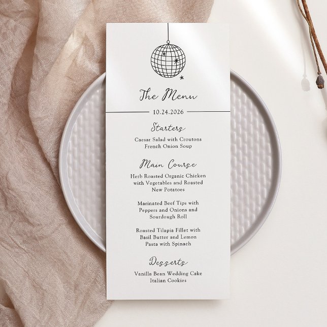 Minimal Disco Ball | Black and White Wedding Menu (Creator Uploaded)