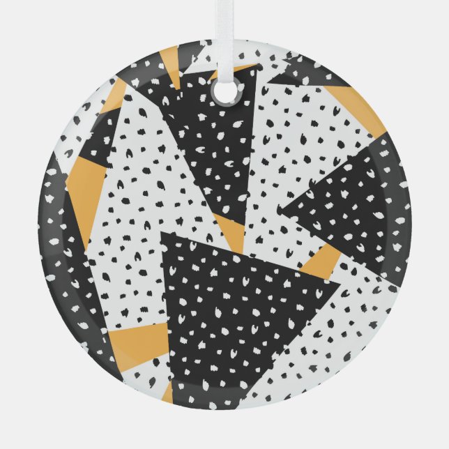 Minimal Dots Patchwork: Black White Yellow Glass Tree Decoration (Front)