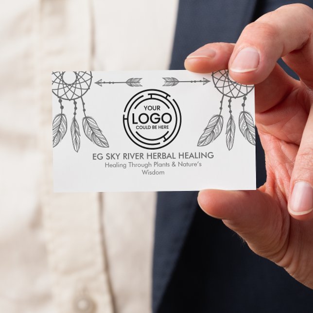 Minimal Dream-catchers, Feathers, Arrows Wellness Business Card (tribal-inspired monochrome design with dream-catcher  feather illustrations, soft gray business card)
