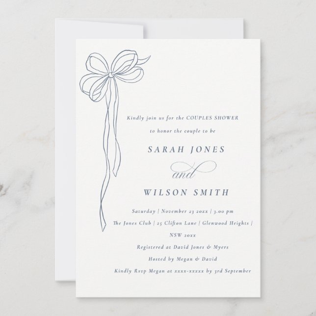 Minimal Dusky Blue Coquette Bow Couples Shower Invitation (Front)