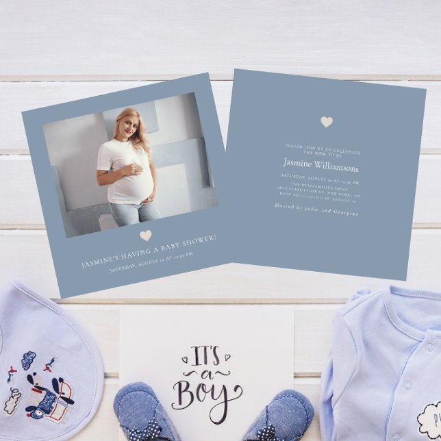 Minimal dusky blue photo  QR CODE baby shower  Invitation (Creator Uploaded)