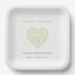 Minimal Dusky Green Floral Heart Bridal Shower Paper Plate
