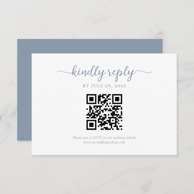 Minimal Dusty Blue Floral Monogram QR Code Wedding RSVP Card (Front/Back)