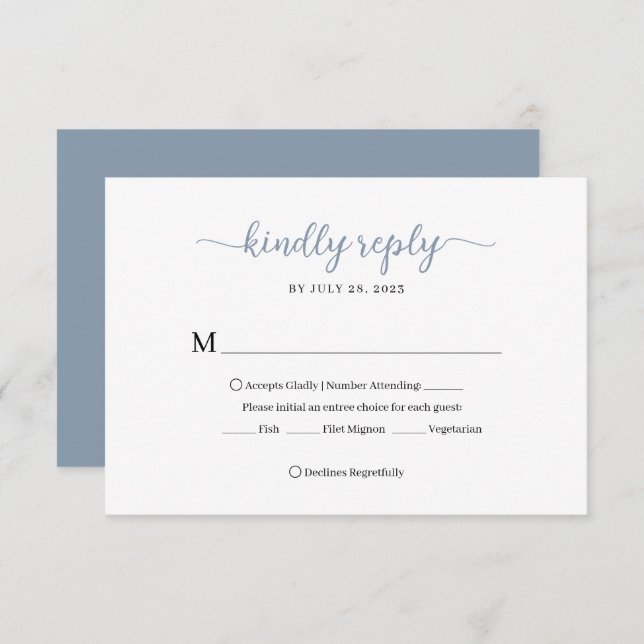 Minimal Dusty Blue Floral Monogram Wedding RSVP Card (Front/Back)