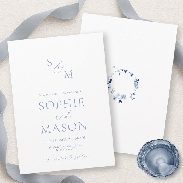 Minimal Dusty Blue Floral Wreath Wedding Invitation (Creator Uploaded)