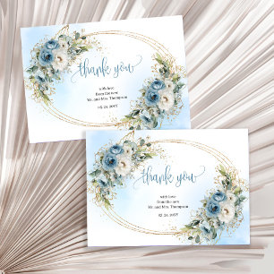 Minimal Dusty Blue Gold Wedding thank you card