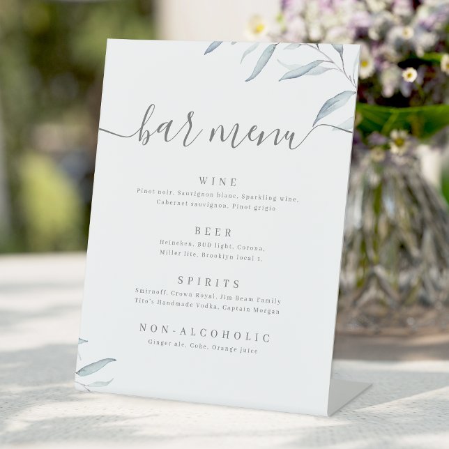 Minimal dusty blue greenery script rustic Bar Menu Pedestal Sign (Minimal dusty blue greenery script rustic Bar Menu Pedestal Sign)
