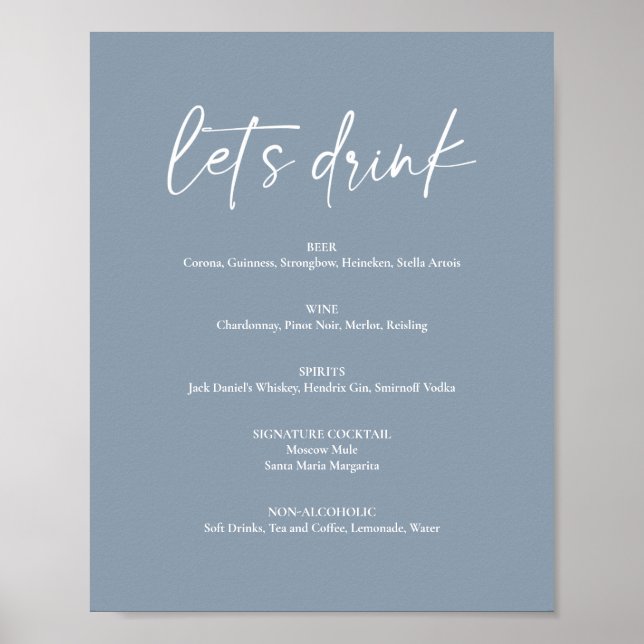 Minimal Dusty Blue Modern Wedding Drink Bar Menu Poster (Front)