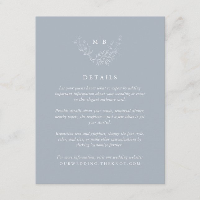 Minimal Dusty Blue Monogram Wedding Details Enclosure Card (Front)